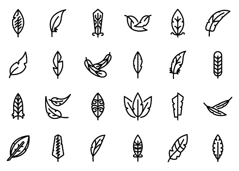 Feathers icons set. Outline set of feathers vector icons for web design isolated on white background