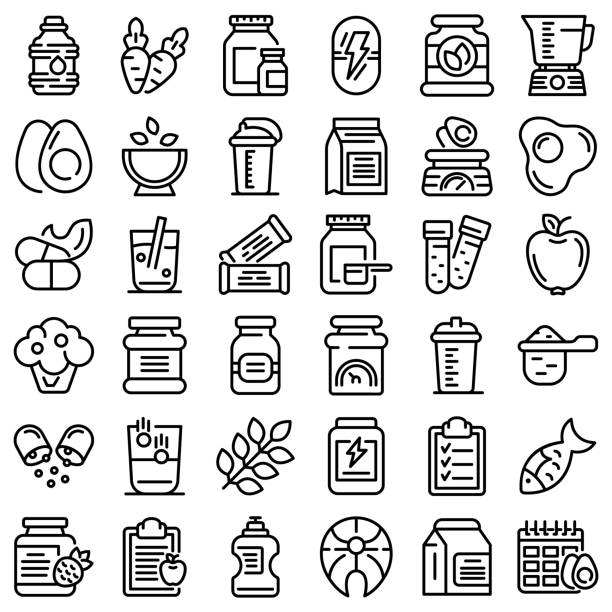 Sports nutrition icons set, outline style Sports nutrition icons set. Outline set of sports nutrition vector icons for web design isolated on white background protein powder bottle stock illustrations