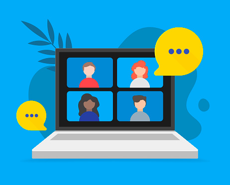 Video teleconference and remote online meeting concept. Vector flat person illustration. Group of people avatar on laptop computer screen. Design for banner, web, infographic