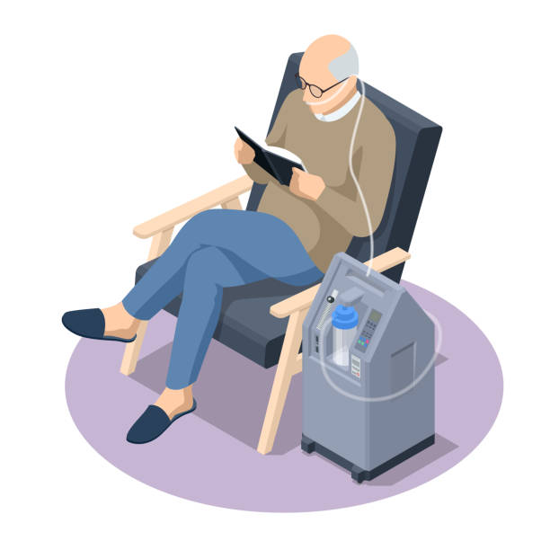 Isometric Home Medical Oxygen Concentrator. Concept of healthcare, life, pensioner. Senior man with Chronic obstructive pulmonary disease with supplemental oxygen Isometric Home Medical Oxygen Concentrator. Concept of healthcare, life, pensioner. Senior man with Chronic obstructive pulmonary disease with supplemental oxygen. o2 stock illustrations