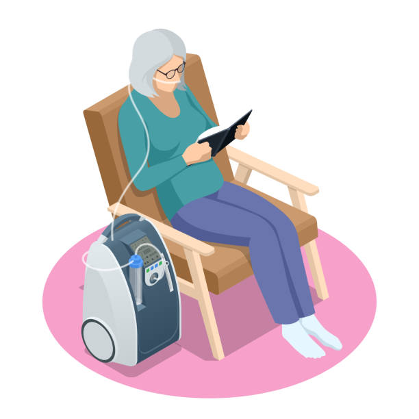 illustrazioni stock, clip art, cartoni animati e icone di tendenza di concentratore di ossigeno medico domestico isometrico. concetto di assistenza sanitaria, vita, pensionato. donna anziana con broncopneumopatia cronica ostruttiva con ossigeno supplementare - oxygen