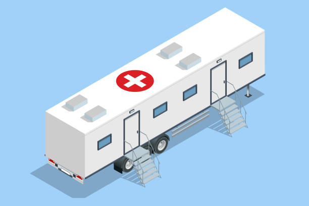 Isometric hospital in the car. Mobile hospital with medical beds, laboratory and operating room. Isometric hospital in the car. Mobile hospital with medical beds, laboratory and operating room triage stock illustrations