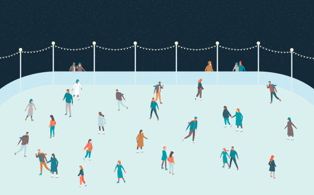 Happy people skating on the ice rink. Man and Woman Characters Have Fun Together. Christmas Holidays Concept. Cozy winter evening activities. vector art illustration