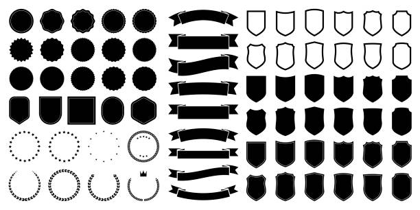 Set of black round, triangular and hexagonal badges and ribbons. Vector flat illustrations. vector art illustration