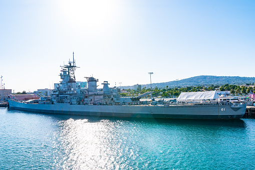 San Pedro, California - October 11 2019: USS Iowa Battleship Museum docked at Port of Los Angeles World Cruise Center on the LA Waterfront in San Pedro, California.