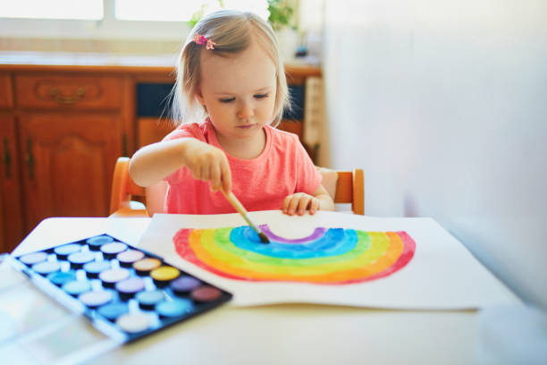 istock Adorable little girl drawing rainbow 1287064122