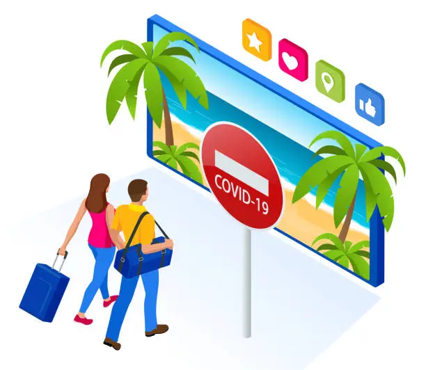 Vector illustration of Tourism industry crisis. Flight ban, closed borders for tourists and travelers with coronavirus. Ban on travel to summer vacation due to risk of virus