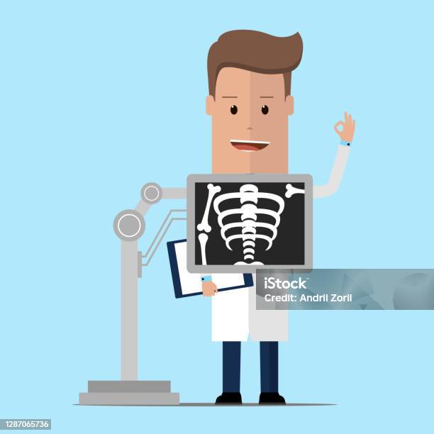 Roentgenologist Doctor During Chest X Ray Procedure Vector Illustration Stock Illustration - Download Image Now