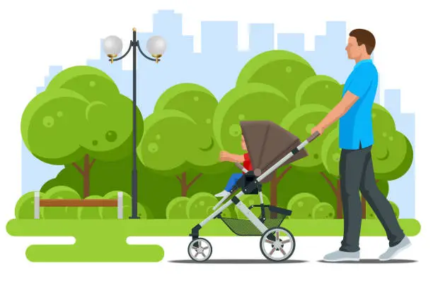 Vector illustration of Baby carriage isolated on a white background. Kids transport. Strollers for baby boys or baby girls. Man with baby stroller walks. Theme of motherhood and fatherhood