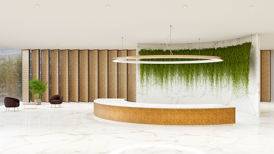 3D render of a modern office building lobby
