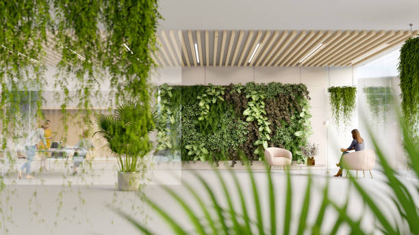 Green office 3D render of a green modern office lobby, all items in the scene are 3D green home decor stock pictures, royalty-free photos & images