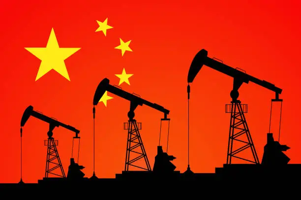 Vector illustration of Oil pump on background of flag of China. Vector illustration