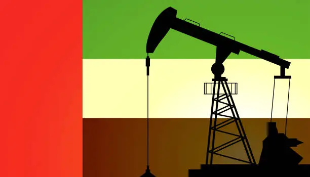 Vector illustration of Oil pump on background of flag of Emirates (UAE). Vector illustration