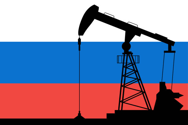 Oil pump on background of flag of Russia. Vector illustration Oil pump on background of flag of Russia. Vector illustration crude oil stock illustrations