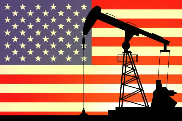 Vector illustration of Oil pump on background of flag of USA. Vector illustration