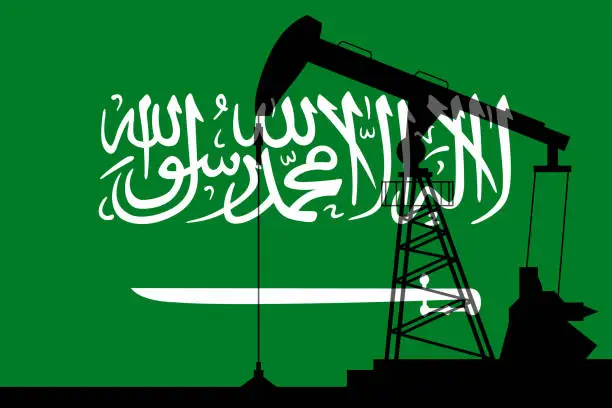 Vector illustration of Oil pump on background of flag of Saudi Arabia. Vector illustration