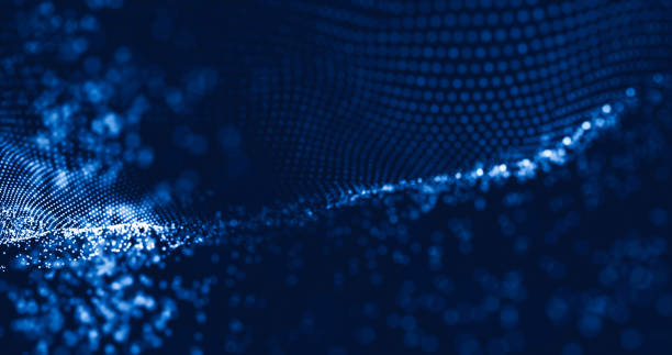 istock Data technology abstract futuristic illustration. Low poly shape with connecting dots on dark background. 3D rendering. Big data visualization. Wave of particles. Futuristic blue dots background 1287070383