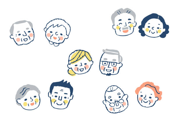 illustrations, cliparts, dessins animés et icônes de 5 versions d’un vieux couple souriant - troisième âge illustrations