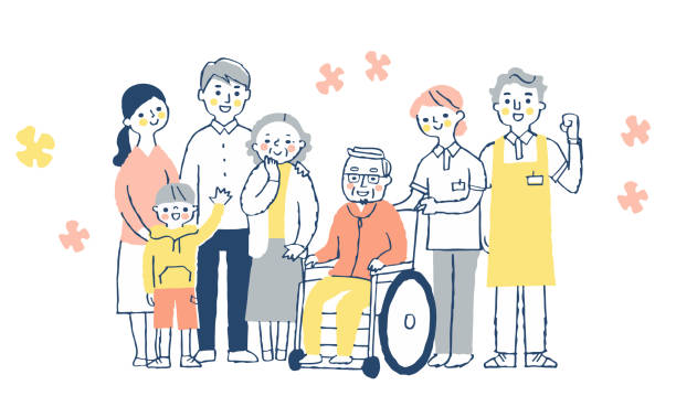 A gathering of family and long-term care staff Many people, medical care, family, old people nurse smock stock illustrations
