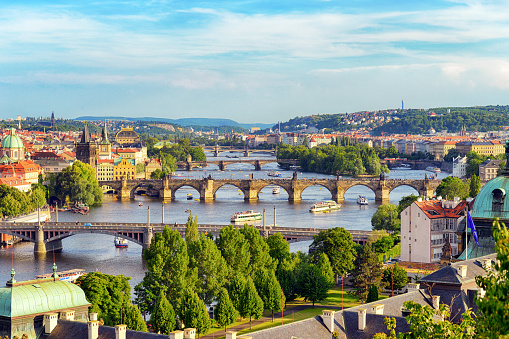 High angle view over Old Town and bridges over the Vltava River in Prague, Czech Republic