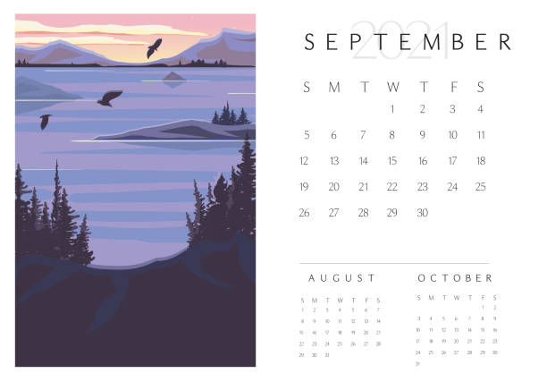 September 2012 Scenic Landscape Calendar pad setting sun over lakebed Vector illustration of a modern calendar design for the month of Sept. Shows previous month and next month at bottom. Includes beautiful scenic landscape. Fully editable and printable. Includes high resolution jpg and vector eps in download. Print ready. Royalty free. lakebed stock illustrations