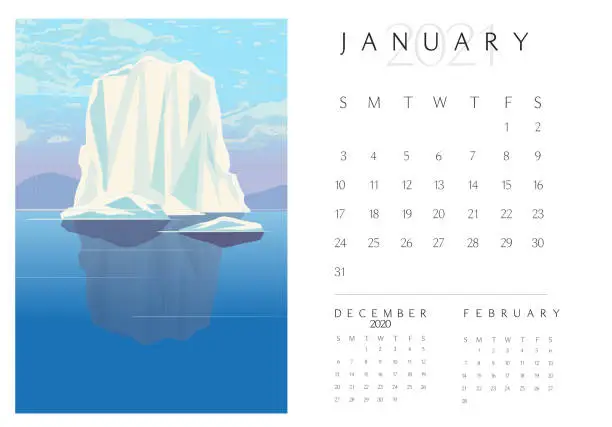 Vector illustration of January 2012 Scenic Landscape Calendar pad with frozen iceberg