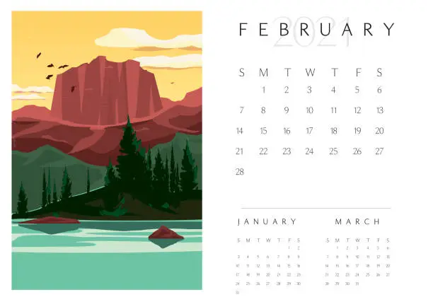 Vector illustration of February 2012 Scenic Landscape Calendar pad with mountains and river