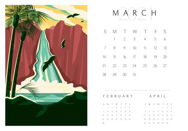 Vector illustration of March 2012 Scenic Landscape Calendar pad with tropical waterfall and birds flying