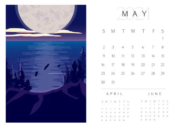 Vector illustration of May 2012 Scenic Landscape Calendar pad with moonlight over lake