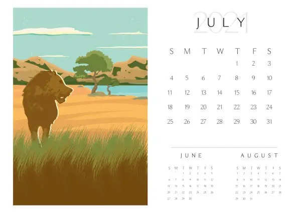 Vector illustration of July 2012 Scenic Landscape Calendar pad with lion in safari