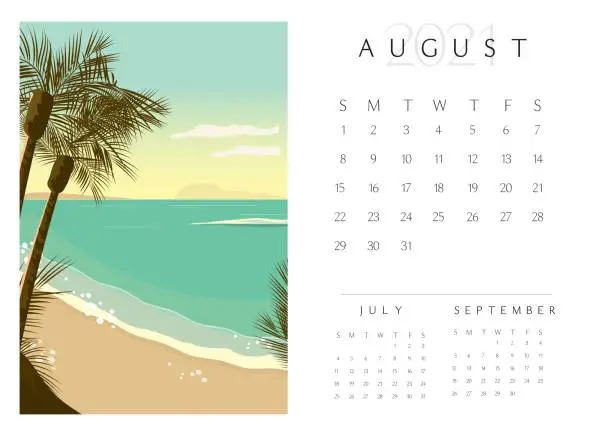 Vector illustration of August 2012 Scenic Landscape Calendar pad tropical beach with palm trees