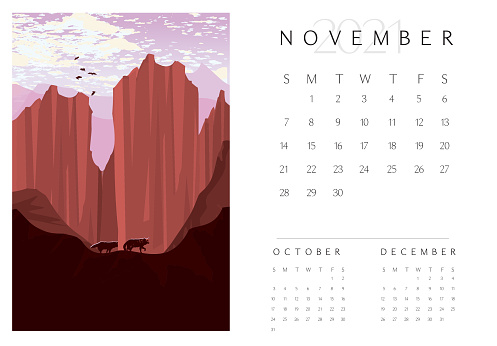 Vector illustration of a modern calendar design for the month of Nov. Shows previous month and next month at bottom. Includes beautiful scenic landscape. Fully editable and printable. Includes high resolution jpg and vector eps in download. Print ready. Royalty free.