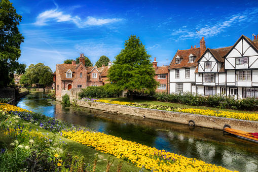 The Great Stour river running through the city of Canterbury, near the Westgate Towers, Kent, England