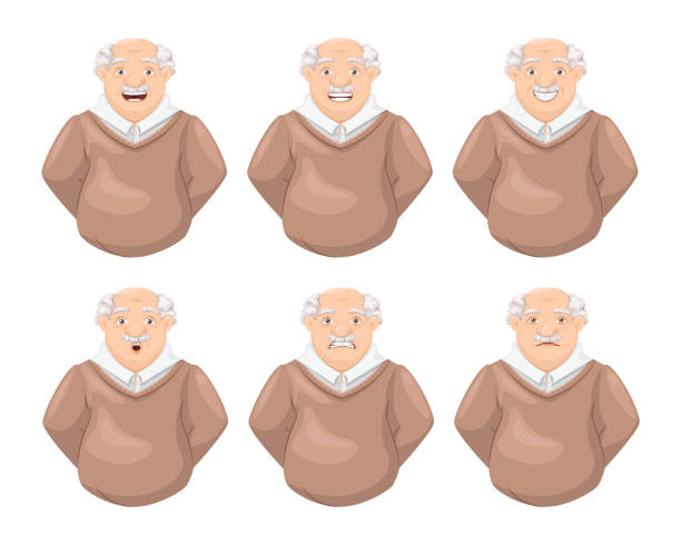 grandfather face emotion Elderly grandfather face emotion set, elderly man face expression. clip art of a old man crying stock illustrations
