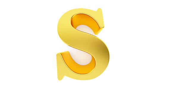 3d render of the letter S in gold metal isolated on a white background.