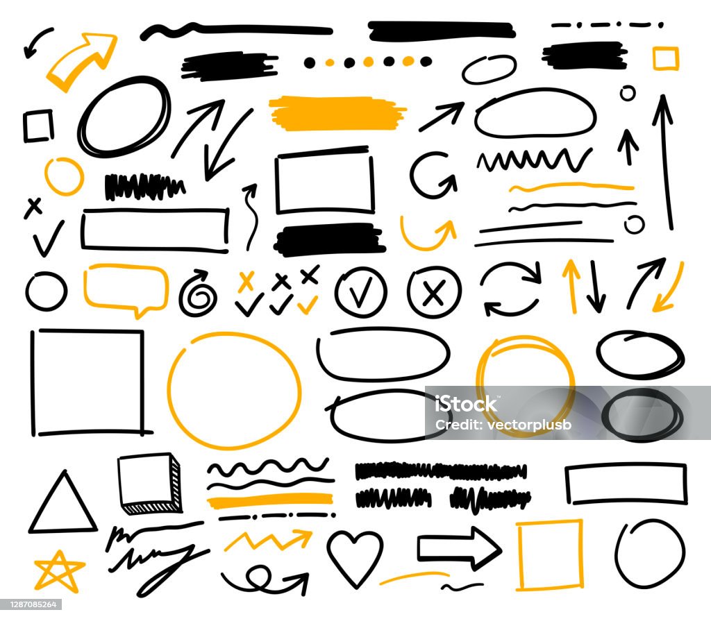 Collection of black and yellow doodle lines, curves, frames and spots. Vector flat illustrations. Collection of simple doodle lines, curves, frames and spots. Vector flat illustrations. Arrow, square, oval, circle, cross, pointer, check mark, heart, star for concept design. Arrow Symbol stock vector