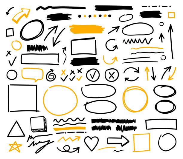 Collection of black and yellow doodle lines, curves, frames and spots. Vector flat illustrations. Collection of simple doodle lines, curves, frames and spots. Vector flat illustrations. Arrow, square, oval, circle, cross, pointer, check mark, heart, star for concept design. hand drawing stock illustrations