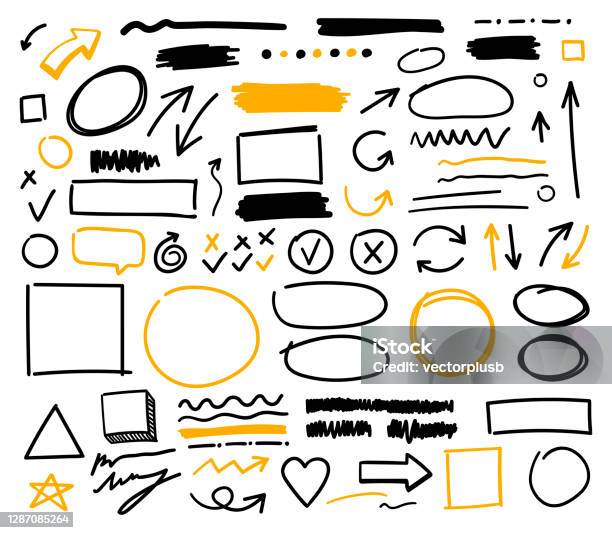 Collection Of Black And Yellow Doodle Lines Curves Frames And Spots Vector Flat Illustrations Stock Illustration - Download Image Now