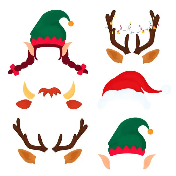 Vector illustration of Christmas antlers with light garland, elf hat and ears, bull horns. Funny masks