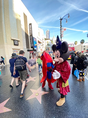 Hollywood, USA - January 05, 2020: Mikkey Mouse earning tips on Hollywood Boulevard