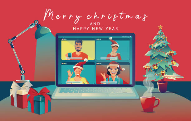 illustrazioni stock, clip art, cartoni animati e icone di tendenza di famiglia usa videoconferenza natale e felice concetto di capodanno goditi la celebrazione, la decorazione, tenendo il regalo con l'albero di auguri di buon natale - party background video