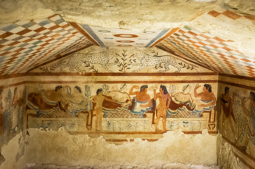 Tarquinia, Italy - 18 september 2020: Tomb of leopards, one of the tombs of the Etruscan necropolis of Tarquinia