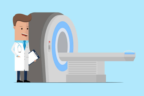 Doctor near MRI machine. Vector illustration Doctor near MRI machine. Vector illustration x ray results stock illustrations