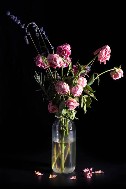 istock Wilted red roses in a glass vase on a dark background 1287089858