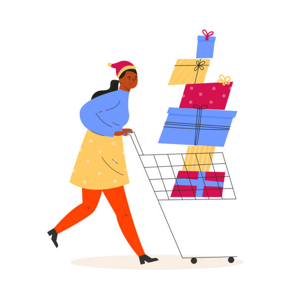 ilustraciones, imágenes clip art, dibujos animados e iconos de stock de mujer con sombrero festivo con un carrito de regalos - shopping christmas women retail