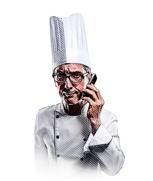 Vector illustration of Frustrated chef using mobile phone