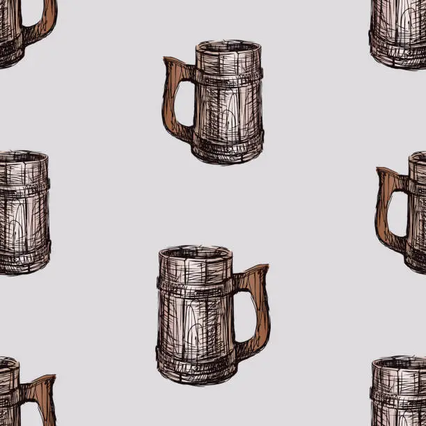 Vector illustration of Seamless background of sketches old wooden beer mugs