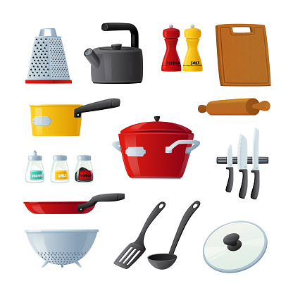 Set of Icons Kitchenware and Utensils Cooking Pan, Turner, Rolling Pin and Cutting Board, Kettle, Knives and Grater. Pepper and Salt Condiments Bottles with Colander. Cartoon Vector Illustration