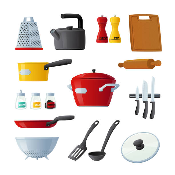 Set of Icons Kitchenware and Utensils Cooking Pan, Turner, Rolling Pin and Cutting Board, Kettle, Knives and Grater Set of Icons Kitchenware and Utensils Cooking Pan, Turner, Rolling Pin and Cutting Board, Kettle, Knives and Grater. Pepper and Salt Condiments Bottles with Colander. Cartoon Vector Illustration kitchen utensil illustrations stock illustrations