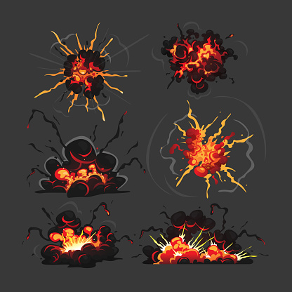 Bomb Explosion Clouds. Cartoon Boom Effect and Smoke Elements for Ui Game Design. Dynamite Danger Explosive Detonation, Atomic Comics Clouds. Detonators for Mobile Animation Isolated Vector Icons Set